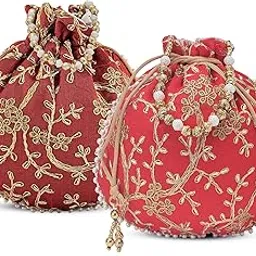 kuber industries Pack of 2 Potli Bags for Ladies & Girls | Shagun Pouches for Festive Seasons | Embroidery Batwa Bag Bridal Purse -Maroon & Red-picture-42