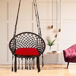 Patiofy Round Metal Frame Single Seater Swing for Adults/Jhula for Adults/Swing Chair/Hammock Hanging Swing for Balcony/Swing for Living Room with Red Sitting Cushion & Hanging Kit-Brown-image-85