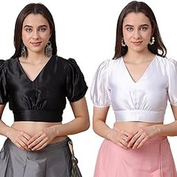 Frolic Rolic White & Black Silk Blend V-Neck Puff Sleeves Blouse Pack of 2-image-10