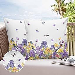 Outdoor Throw Pillow Cover Watercolor Purple Yellow Iris Floral Waterproof Cushion Covers 2 Pack Garden Butterfly Flower on Whiite Pillow Cases Home Decoration for Patio Garden Couch Sofa-image-63