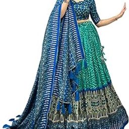 Women Tussar Silk Kalamkari Print With Foil Work Border With Lehriya Lehenga Choli Set || Free Size Available-image-77