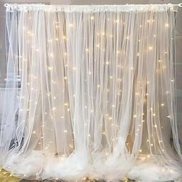 Backdrop Cloth for Decoration with led fairy lights Tulle White Net Fabric Curtain for Haldi Ceremony, Wedding Anniversary Stage Background, Birthday Decoration, Cabana Valentine Photo Shoot Net Parda-12