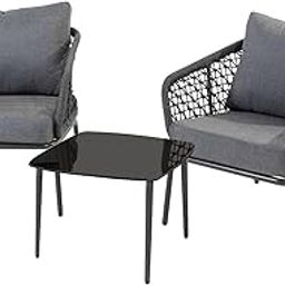 BRISHI Garden Patio Seating Chair and Table Set Outdoor Balcony Garden Coffee Table Set Furniture, 2 Chairs 1 Table Set with Cushions, Braid & Rope- (Grey)-image-55