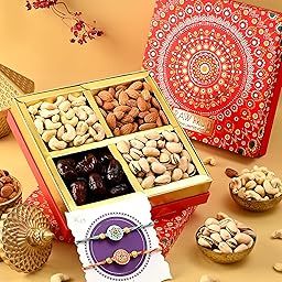 Hyperfoods® Rakhi For Brother Set of 2 Rakhis Gifts For Brother Rakhi with Dry Fruits Dryfruits Combo Pack Dryfruits Pack of 4 Cashew Almonds Pistachios Dates 490 Grams Raksha Bandhan Gift Hamper-image-1