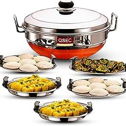 QSEC Stainless Steel Multi Kadai Idli cooker steamer with Copper Bottom All-in-One Big Size dhokla cooker | 5 Plate 2 Idli | 2 Dhokla | 1 Patra | Momo steamer | 3 in 1 | Idli maker steamer - 285MM 100% Non toxin material-image-16