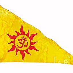 La Jarden® Red Aum printed on silky satin yellow flag, Flag for Yoga, Meditation, Omshanti bhawan, Dhwaj for Temple, House & religious purpose MEDIUM SIZE (26x40 inches) 1 nos. (Sun rays bold RED)-picture-18