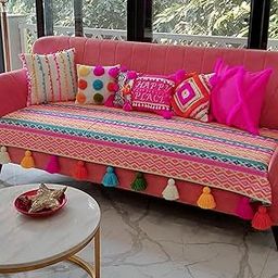 WWW.THROWPILLOW.IN Luxury 3+2 Printed Sofa Cover with Tassels| Rainbow Pattern with Multicoloured Tassels |Anti-Slip 5 Seater Sofa Cover 3 Seater and 2 Seater - Set of 2 Seat Covers- (3+2 Seater)-8