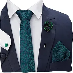 blacksmith Tie, Cufflink, Pocket Square, Lapel Pin, Set of 4 for Men [ Free Size ] (GREEN LEAVES)-picture-46