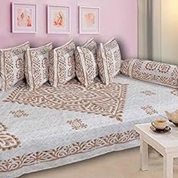 SkyKross - Everyday A New Thing Block Print Pure & Soft Cotton Diwan Cover Set |8 Pcs Set - 5 Cushion Cover,2 Bolster Cover,1 Bedsheet (Brown)-image-82