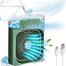 Drumstone 𝟏𝟓 𝐘𝐄𝐀𝐑𝐒 𝐖𝐀𝐑𝐑𝐀𝐍𝐓𝐘 Battery-Operated Wireless Portable Air Conditioner Cooler, Mini Evaporative Cooling Fan with 7-Color LED, 3 Speeds, 3 Spray Modes & Timer for Desk 𝐆𝐫𝐞𝐞𝐧-24