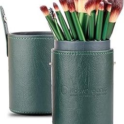 Now Organic - Living a Conscious Lifestyle Now Organic Brand Cosmetics Makeup Brush Box Organizer Only,Holds Upto 16 Brushes,Cylindrical Shape,Dark Green,Durable Leather Finish Medium-35