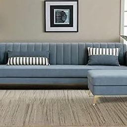 Adorn India Premium Luster 4 Seater L Shape Sofa Set | Velvet Suede Fabric | 3-Year Warranty | Color Grey with Golden Legs & Striped Pattern Cushion-image-72