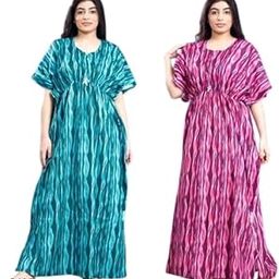 Women's Printed Cotton Maxi Nightgown, Wave Pattern, Short Sleeves, Sky-Blue and Purple Pack of 2-image-68