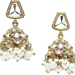 Gold-Plated Kundan & Pearls Studded Dome Shaped Mirror Jhumka Earrings For Girls and Women-0