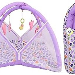 Toddylon Baby Play Gym New Born Baby Bedding | Mat with Hanging Toys | Mattress with Mosquito Net | Cotton Playing Mat | Playmats & Floor Gyms (0-6 Months) (2Pcs Set), Purple-image-78