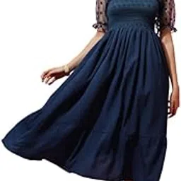 sheetal associates Women's Women's Solid Fit & Flare Midi Dress with Sheer Polka Dot Sleeves| Comfortable Relaxed Fit Summer Dress-picture-25