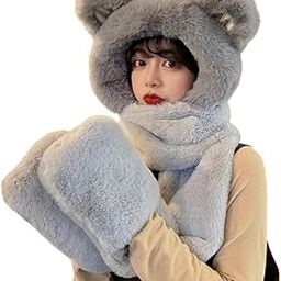 Richmen Women Winter Hat Scarf with Gloves Set for Girls Cute Fur Woolen Warm Hooded Bear Design Beanie Cap-image-98