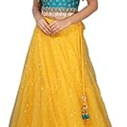 Women's Net Semi stitched Lehenga Choli (Blue & Yellow_Free Size)-55