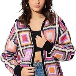 Prismatic Women and Girls Long Sleeves Hooded Neck Zipper Front Multicolored All Over Printed Regular Fit Knitted Sweaters-5
