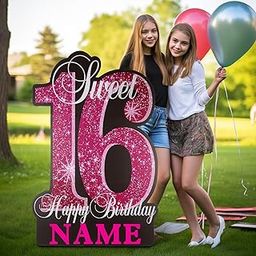 35 Inch Sweet 16 Birthday Large Yard Signs Personalized Name 16th Birthday Lawn Sign Glitter Waterproof Congrats Sign with Stakes for Happy Sweet 16 Party Outdoor Decorations-image-34