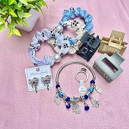 Generic Fashion Hair Accessories and Jewellery Gift Set, 3 Floral Scrunchies with Pearls, 3 Hair Clutchers, Evil Eye Bracelet, Heart Earrings-image-31