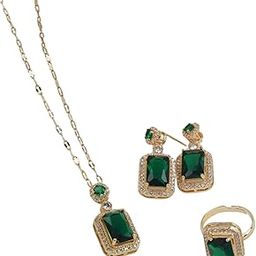 Emerald Green Crystal Jewellery Set, Gold-Plated Necklace Earrings Ring, Rectangle Cut with Rhinestone Halo, for womens, gifting, anniversary-image-22