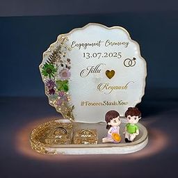 Personalized Engagement Ring Platter with Names & Date | Resin Ring Holder Tray with Dried Flowers & Couple Figurines | Customized Wedding Ring Ceremony Plate | Unique Gift for Bride & Groom-image-25