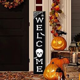 Halloween Sign Skull Front Door Hanging Decor Welcome Sign Wooden Vertical Indoor Outdoor Standing Sign For Garden Home Yard Farmhouse Porch 47.2 x 7.8 Inch-image-53