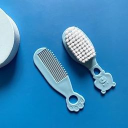 Beidile BPA Free Baby Comb and Brush Hair Set - pear Wood Comb and Soft Goat Bristle Brush for Newborns and Toddlers (Blue)-image-2