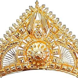Gold Color Bridal Head Crown Hair Accessories for Women & Girls | Traditional Golden Mukut for Bride | Bengali Biyer Wedding Tiara | Big Size Taj Mutuk for Laddu Gopal, Krishna, Maa Durga God and Goddess-image-86