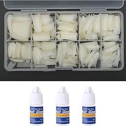 Store2508 Boxed 500 Pcs French Long Acrylic False Artificial Natural Colour Nail Art Tips With 3 Bottles Nail Glue, White-39