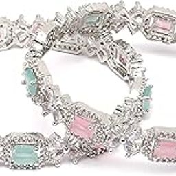 Rhodium-Plated Silver Toned American Diamond Square Shaped studded Bangle Jewellery Set for Girls and Women (Set Of 2)-21