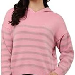 Women's Acrylic Full Sleeve Hooded Striped Pink Sweatshirt-image-15