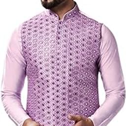 Men's Nehru Jacket, Green Cotton Blend, Embroidered Regular Fit Mandarin Collar Long Sleeves-picture-2