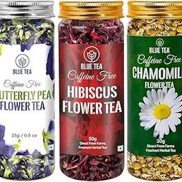 BLUE TEA - 3 in 1 Combo | Butterfly Pea Flower - 25g, Hibiscus - 50g, Chamomile - 30g | For Skin Glow & Sleep & Antioxidant Rich | Caffeine Free - Herbal Tea - Flower Based - Non Bitter | Featured In Shark Tank | Reusable Pet | Gift Pack-image-1
