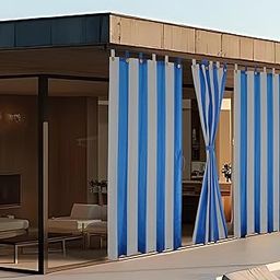 HIPPO Outdoor Stripe Design 180 GSM Sun Blocking Balcony Loop Curtain Sun & UV Protection, Light Filtering for Garden Patio (Blue-Grey, 3FTX7.5FT)-image-38