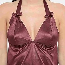 | Since 2019 | Satin Babydoll Nightdress, Halter Neck V-Neck, Sleeveless, Wine-image-22