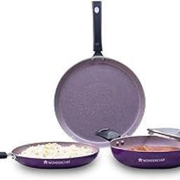 Wonderchef Valencia Non-Stick Cookware 4 Piece Set | Kadhai with Lid 24 cm, Fry Pan 24 cm, Dosa Tawa 28 cm | Pure Grade Aluminium| PFOA Free| 2 Years Warranty | Purple-1