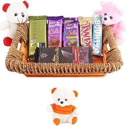 SFU E Com Wooden Basket Loaded With Chocolates And Teddy Bear | Valentine Love Teddy Bear With Chocolate Combo | Valentine Chocolate Hamper | 482-21