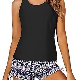 3 Piece Tankini Swimsuits for Women Swim Tank Top Bathing Suits with Boy Shorts and Bra Athletic Swimwear, Black & Geometric, Large-image-63