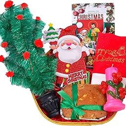 Christmas Cake Gift Hamper/Christmas Gift for Kids/Christmas Gifts-Decorated Basket+150gms Cake+Christmas Tree+Christmas Decorative hangings+Santa Claus Cap+Cherry Tree Candle+Christmas geeting Card-image-41