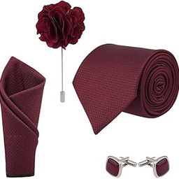 Men's Maroon Color Criss Cross Design MicroPoly Formal Necktie Tie With Pocket Square,Lapel Pin,Cufflinks, Solid Color Tie with Silky Feel (Leatharite Gift Box) (Pack of 4)-image-71