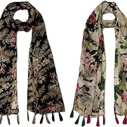 ™ Women's Printed Chiffon Multicolored Scarf and Stoles with Tassels - Set of 2 (ST051)-image-11