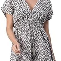 Floral Print Elasticated V-Neck Short Sleeve Women Beachwear Cotton Kaftan-image-26
