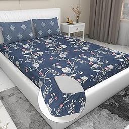 LAYNORA Presents Luxurious Glace Cotton Super Soft 210 TC King Size (78X72X10 Inch) 360° Elastic Double Fitted Bedsheet with 2 Pillow Covers Color- Blue Grey Flower Pattern-Floral-image-100