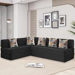 SOFA SANCTUARY Sofa Cum Bed | 5 Seater L Shape | Sofa Bed 5 X 6 Feet Foldable Sofa Cum Bed Jute Fabric for Living Room with 5 Printed Cushions - Flipper (Black)-image-46