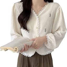 Women Korean Retro Style Floral Embroidered Button Down Lace V-Neck Long-Sleeve Crop Top Shirt for Girls DN65-23