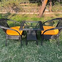 Prime Aura 2+1 Outdoor Patio Furniture Set, Black Wicker Chairs with Yellow Cushions, Glass Top Table UV PROCTECTED (Black) Wicker Chair-56