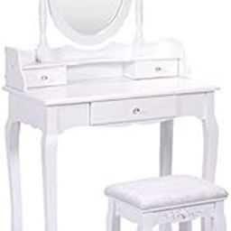 Casart Vanity Table Set with Mirror and Stool for Bedroom Modern Wood Style Cushioned Bench Oval Mirrored Multifunctional Top Removable Writing Desk Dressing Tables for Girls (white)-31