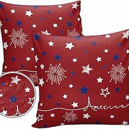 Outdoor Pillow Covers Pack of 2, Patriotic Blue White Stars on Red Waterproof Throw Pillow Case, Independence Day American Theme Soft Cushion Cases for Patio Tent Balcony Couch Bed Sofa Decor-13